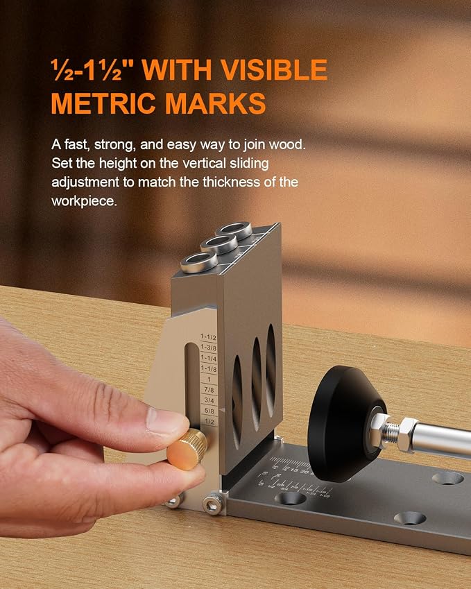 Kolvoii Pocket Hole Jig, Professional Adjustable Pocket Screw Jig for Strong Joints, Versatile Drill Guide Jig for Materials 1/2" to 3 1/8" Thickness with Storage Case