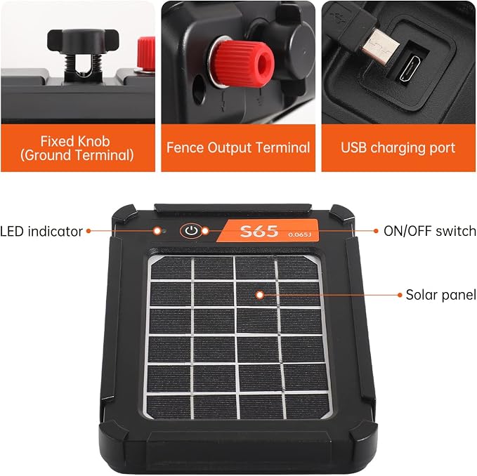 S65 0.065J Solar Electric Fence, 2 Miles Solar Fence Charger for Preventing Bears, Raccoons, Skunks Intruding, Solar Electric Fence Charger with Grounding Rod