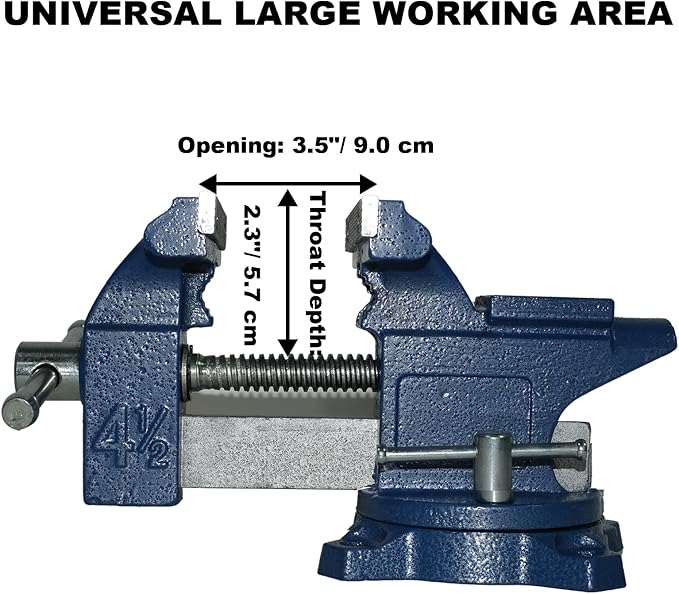 Bench Vise 4.5 Inch Jaw Width 3.3 Inch Jaw Opening Home Vise - Secure Grip with 240° Swivel Base Home Vise Rotation Base - Assembled with a Combination of Heavy Duty Cast Iron and Steel - Blue