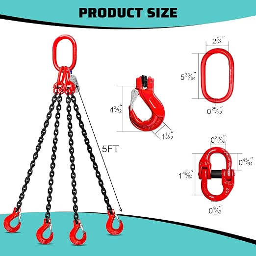 3 Ton Chain Sling 1/4 Inch x 5 Ft Lifting Chains 4 Legs Industrial Grab Hooks 6600LBS Capacity Lifting Slings G80 Alloy Steel Engine Chain Hoist Lifts for Cargo Security Towing and Handling