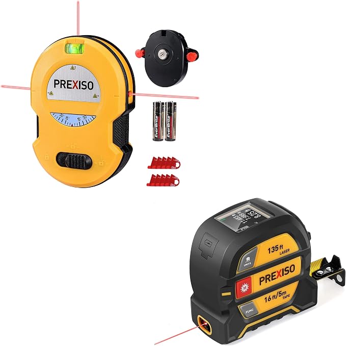PREXISO Multi Surface Laser Level LED Light Vial, 30Ft Horizontal and Vertical Line Laser & PREXISO 2-in-1 Digital 135Ft Rechargeable Laser Tape Measure