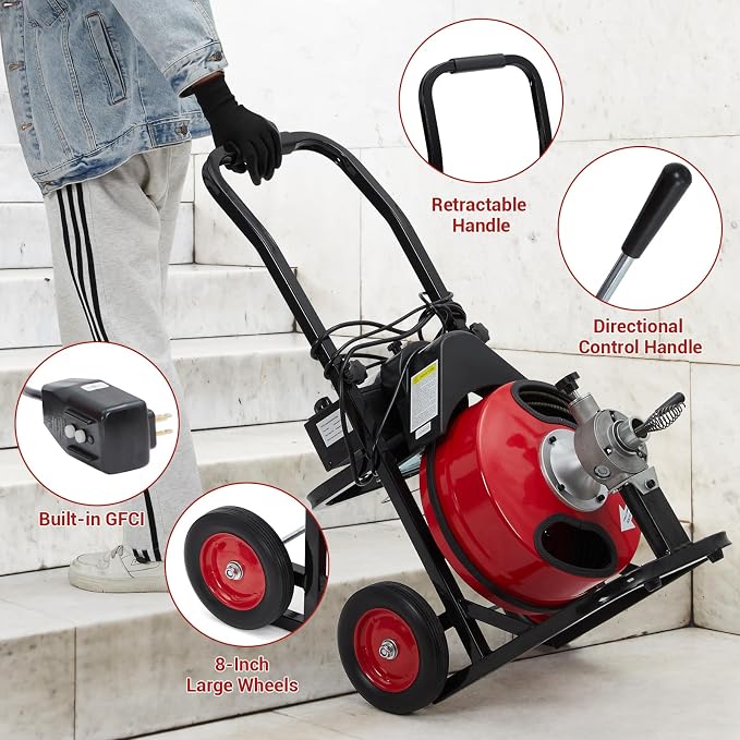 GarveeTech Auto Feed 75 ft x 1/2 in Drain Cleaner Machine with 370W Motor, Portable Sewer Snake Auger with 8 Cutters & Air-activated Foot Switch, Fits 1 in to 4 in Pipes, Black & Red