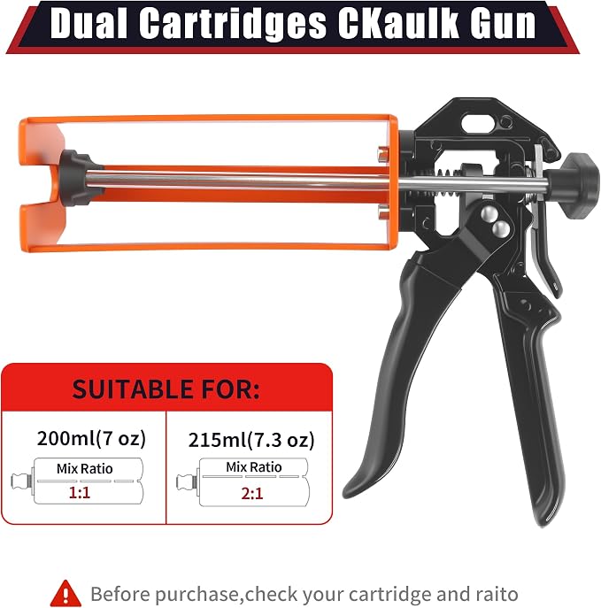 200ml Dual Cartridge Epoxy Gun All Metal Heavy Duty Epoxy Applicator for 1:1 2:1 Mix Ratio Professional Panel Bonding Caulking Gun for Auto Body Repair Structural Adhesive Construction Orange