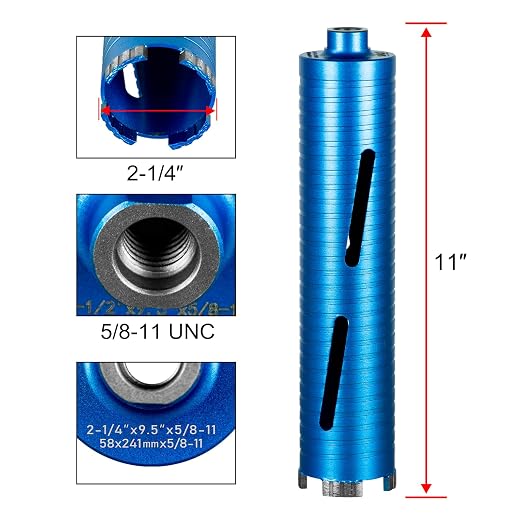 SALI Diamond Core Drill Bits 2 1/4" Diameter 10"/254mm Drilling Depth 5/8-11" Thread Core Bit Turbo Laser-Welded Segments for Cured Concrete with, Brick, Block, Masonry, with Two Adapters