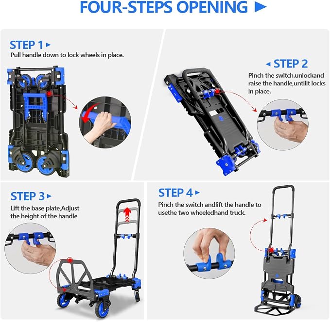 2-in-1 Hand Truck Dolly with Folding Basket, 330LB Heavy Duty Carrying Portable Handtruck, Folding Hand Dolly with 4 Wheels&Retractable Handle for Moving, Luggage, Shopping, Office