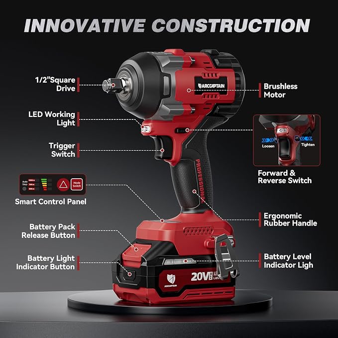 ARCCAPTAIN Cordless Impact Wrench, 1500N.m (1106Ft-lbs) 1/2" High Torque Impact Gun, 15C High-Rate 2x4.0Ah Batteries, 20V Power Impact Driver, Supports Up to 40mm Socket for Heavy Truck/Car/Pickup