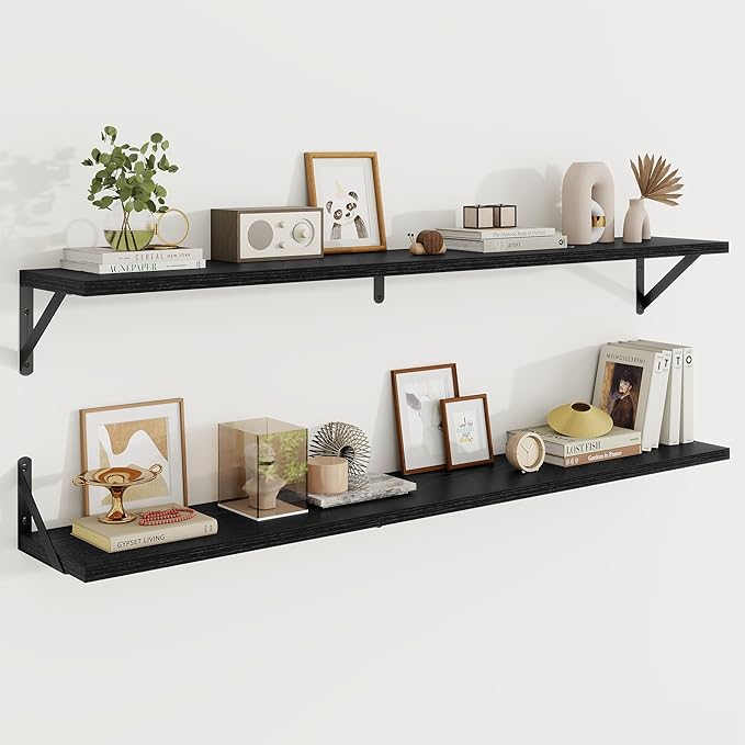 Floating Shelves 8 Inch Deep, 48W x 8D Wall Shelf Set of 2, 70 lbs Heavy Duty Reversible Metal Brackets, Industrial Book Shelf for Living Room Kitchen Bathroom Bedroom Gallery Wall, Black
