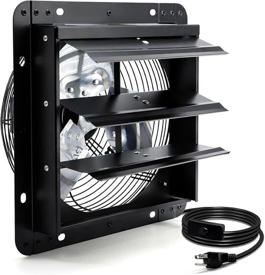 12 Inch Shutter Exhaust Fan, Wall Mount Attic Fan with Power Cord for Greenhouse, Shed, Garage, Barn, Chicken Coop Ventilation, 970 CFM, Black