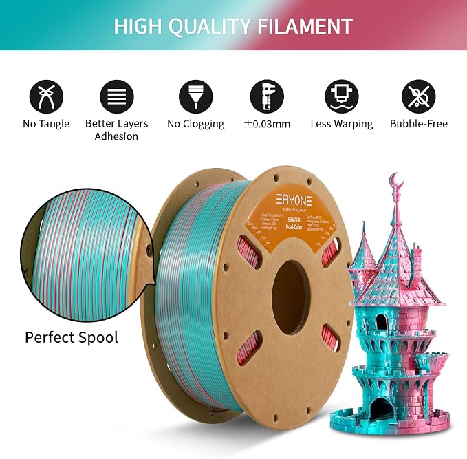ERYONE Silk Dual Color PLA Filament 3D Printer 1.75mm +/- 0.03mm, Bicolor Filament Two Tone PLA Bundle 2KG Cardboard Spool, Teal&Orange Red