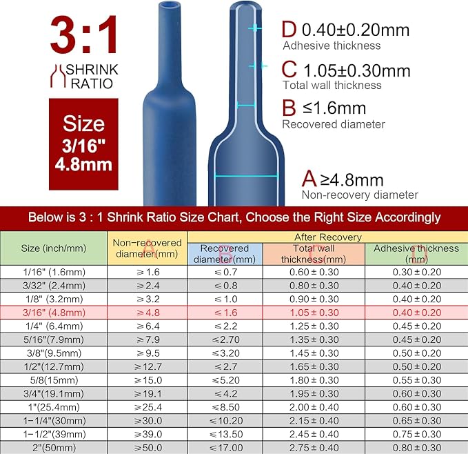 Chanzon 3:1 Ratio 3/16" (4.8mm) Heat Shrink Tubing - Marine Grade Waterproof Adhesive Lined - 80Ft Roll (25M Total Length) Blue Polyolefin Sleeving Wrap Shrinking 3 to 1 Ratio 1pcs