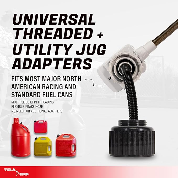 TERA PUMP TRFA03-XL Universal Gas Can Adapter Cap Battery Powered Pump | 2.3 GPM, No Spill Sensor, 4.27 ft Vinyl Hose, Utility Jug Adapter & Power Nozzle, 4x AA Power