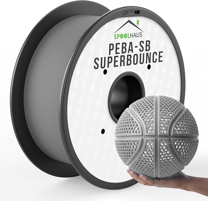 PEBA Filament 1.75mm Full 1kg SpoolHaus Super Bounce | High Rebound Flexible Filament | The Super TPU 78% Energy Return | Bouncy Airless Basketball 3D Printer Filament Lightweight Grey 1kg