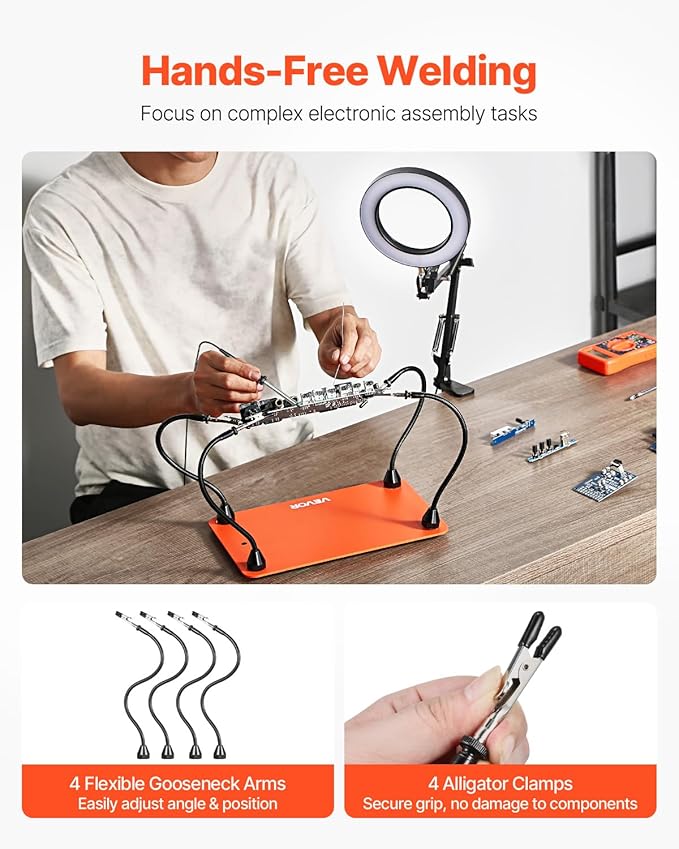 VEVOR Magnetic Helping Hands Soldering Station, 4 Flexible Arms Third Hand Tool with 3X LED Magnifying Lamp & Non-Slip Heavy-Duty Base, Soldering Helping Hands for Electronic Repair Craft Hobby DIY