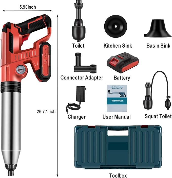 Electric Toilet Plunger，Drain Clog Remover Tools,High Pressure Air Toilet Plungers Heavy Duty Plunger For Toilet,Bathroom,Floor Drain,Sewer,Pipe，RED