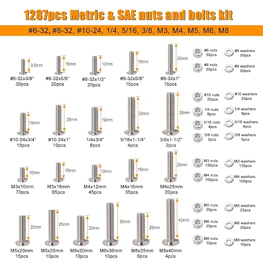 weideer 2002PCS Hardware Assortment Kit, 304 Stainless Steel Metric & SAE Screw Assortment Kit,#6-32,#8-32,#10-24,1/4,5/16,3/8,M3,M4,M5,M6,M8,#4,#6,#8,#10 Nuts Bolts Washers,Double Sided Organizer Box