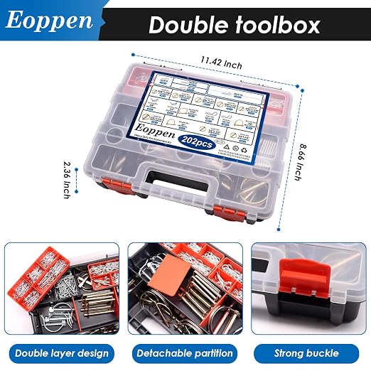 202Pcs Hitch Pins Clip Pins Linch Pins PTO Pins and Shaft Locking Pins Assortment Kit 5 Styles Tractor Pins Fasteners for Trailers, Tractors, Trucks, Lawn Mower