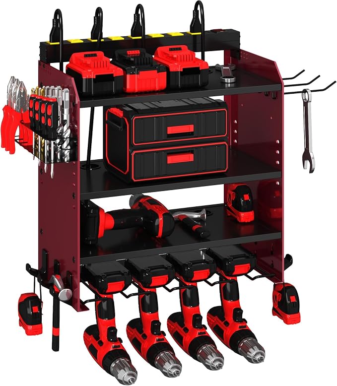Power Tool Organizer Wall Mount with Charging Station & 8 Outlet,4 Layer Heavy Duty Metal Rack Loads 260lbs for Garage Organization,4 Cordless Drill Holders,Day Gift for Men,Dark Red