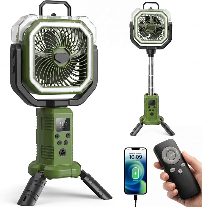 Portable Misting Fan, Rechargeable Camping Fan with 400ml Tank, 20000mAh Battery, Remote Control, LED Light, 4 Speeds, Oscillating Outdoor Fan for Tent, Patio, Beach, RV, Garage, Indoor Outdoor, Green