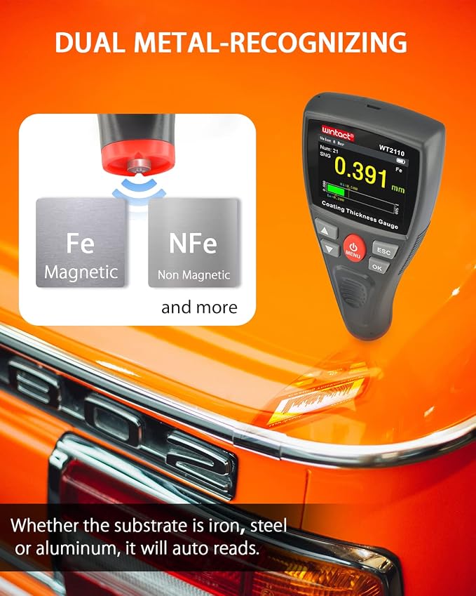 Wintact Digital Paint Coating Thickness Gauge Meter 0~1500um, 1500 Readings Storage, 360°Screen Rotation, Backlit Color Display, Chargeable, Auto-Off, Rechargeable for Cars, Industrial