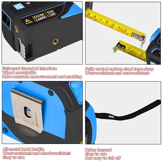 Tape Measure 4-in-1 Laser Digital Measuring Tape & 100m/328ft Laser Distance Meter & with 16ft/5m & Crosshair Markings & Dual-axis Electronic Level,Display On Backlit LCD Screen