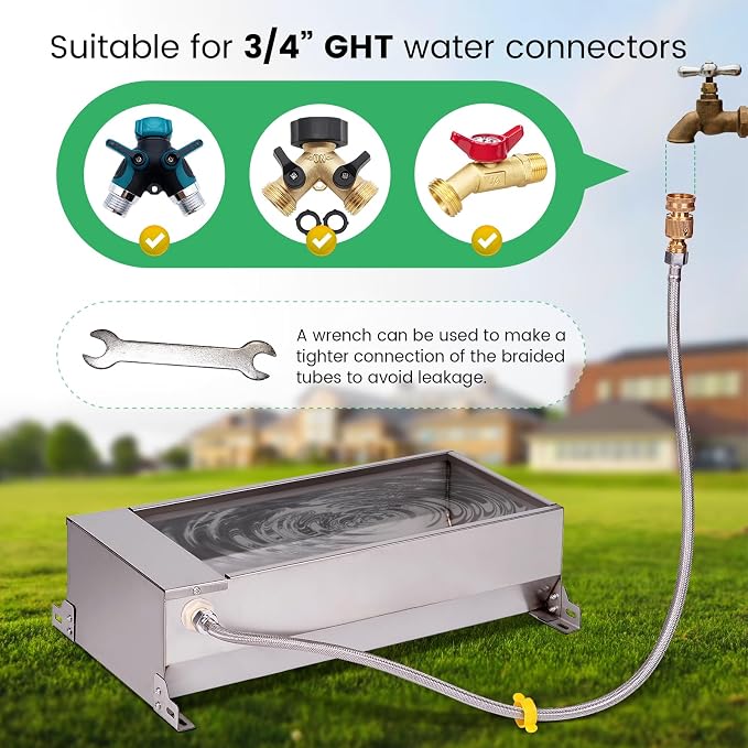 Automatic Livestock Water Trough Stainless Steel Animal Drinking Water Bowl Dispenser with Float Valve Kit Large Capacity Outdoor Animal Self Filling Horse Trough for Dog Horse Pig Cow Goat