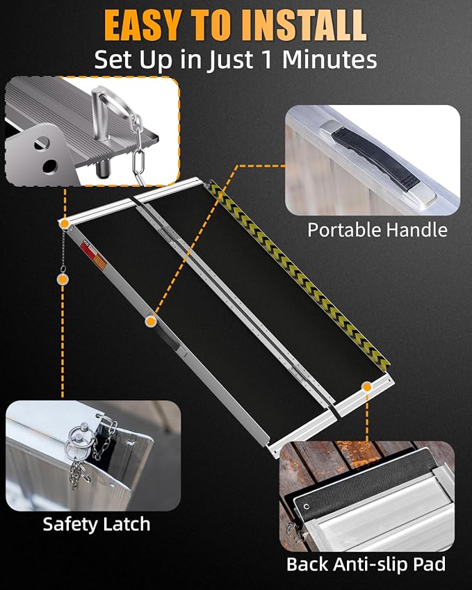 VNN Portable Wheelchair Ramp 4FT, Non-Slip Aluminum Ramps for Wheelchairs for Home, Handicap Wheelchair Ramps for Home Steps, Aluminum Loading Dock Plates, Doorways, Black