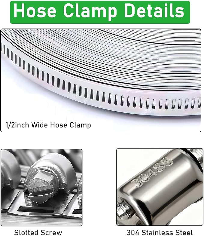 65.5FT/20m Stainless Steel Hose Clamps Assortment Kit with 20pcs Fasteners | Adjustable Long DIY Metal Band Clamp Band Fittings Strap for Pipe, Intercooler, Plumbing, Tube, Radiator and Fuel Line