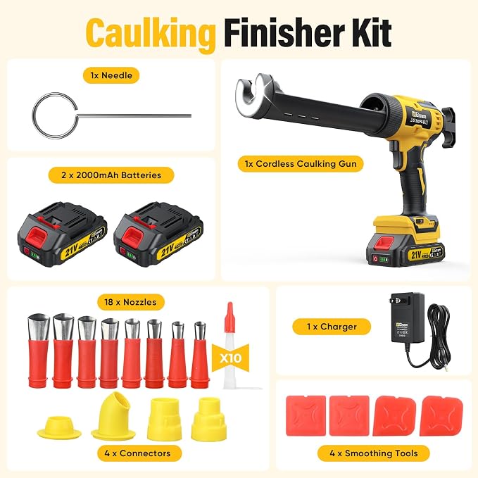Electric Caulking Gun with 2 Batteries, 882LB Thrust, 32Pcs Cordless Caulking Tool, 6-Speed, Anti-Drip Auto-Retract, LED Light Caulk Gun for RV Sealing, DIY & Professional Use