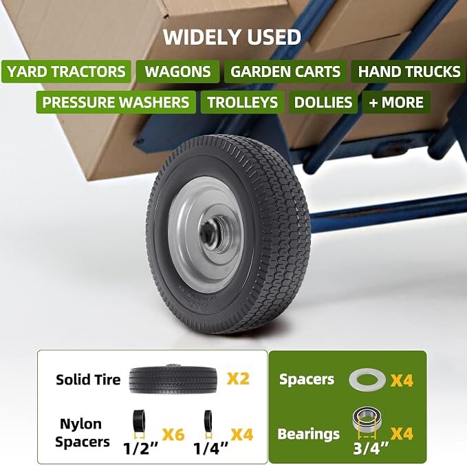 AR-PRO (2-Pack) 8-Inch Solid Wheel Replacement - 2.50-4" Flat Free Tire and Wheel with 5/8 extra 3/4 Bearings and 2.2" Offset Hub - Compatible with Hand Truck, Generator, Gorilla Carts
