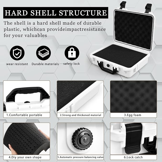 Relaxweex 1 Pcs Waterproof Hard Case with DIY Customizable Foam Insert Portable Protective Case with Knife for Camera Drones Equipments Tools Test Instruments(White,14.3 x 11.4 x 4.5 Inch)