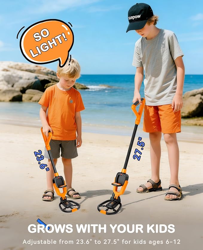 SUNPOW Kids Metal Detector with Treasure Animation & Waterproof Coil - Adjustable Stem (23.6”-27.6”) - Kit Includes Shovel, Rake, Bag - Ideal Gift for Boys & Girls 6-12 for Beach, Park, Backyard -MD20