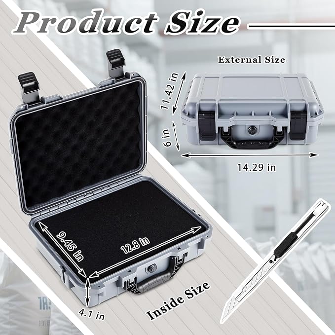 Relaxweex 1 Pcs Waterproof Hard Case with DIY Customizable Foam Insert Portable Protective Case with Knife for Camera Drones Equipments Tools Test Instruments(Gray,14.3 x 11.4 x 4.5 Inch)