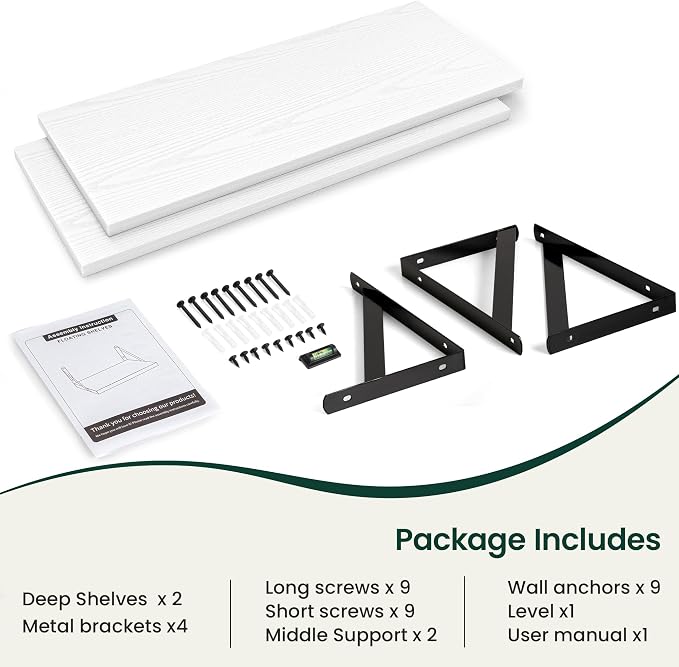 Floating Shelves 12 Inch Deep, 36W x 12D Wall Shelf Set of 2, 60 lbs Heavy Duty Reversible Metal Brackets, Deep Industrial Book Shelf for Living Room Kitchen Bath Bedroom Coffee Bar, White
