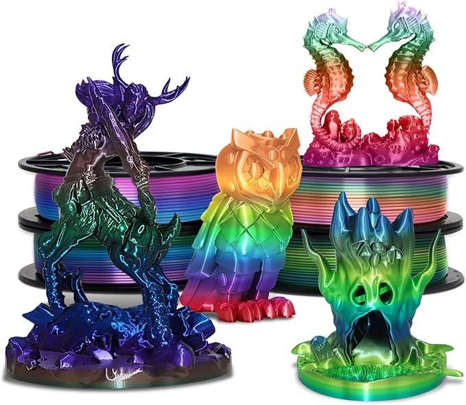 YOUSU 1.75mm Silk Shiny 4 Types Rainbow Multi Colored Fast Color Change PLA 4 in 1 3D Printer Filament Bundle: 4 Types Multi Colored Silk PLA, 250g/Spool, 4 Spools 3D Printing Filament