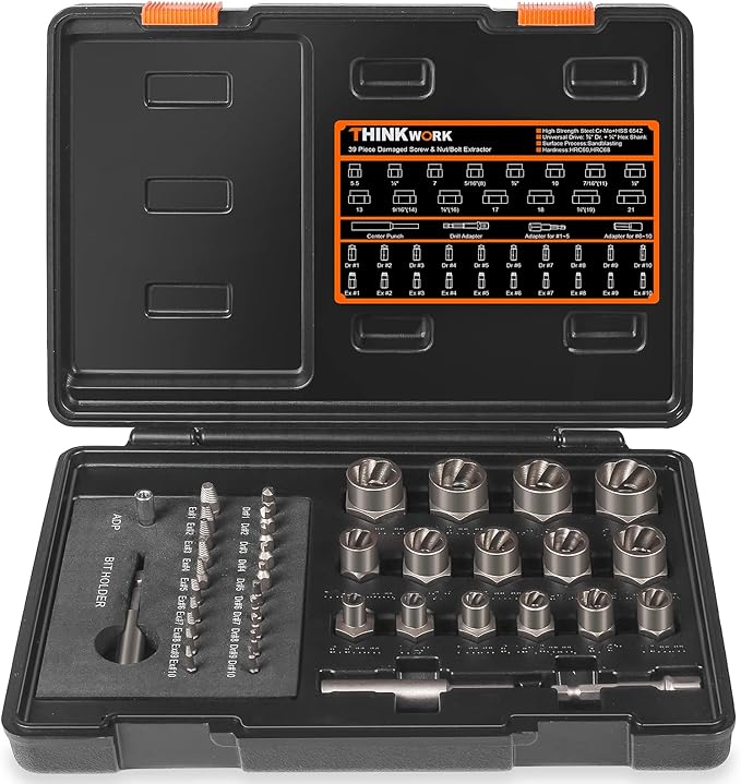 THINKWORK Damaged Screw Extractor Set, 2-21mm, 39-Piece Broken Bolt Extractor Kit, 3/8" Drive Lug Nut Removal Tool, Rounded Bolt Remover for Damaged, Rusted, Rounded-Off, Stripped Fasteners