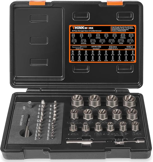 THINKWORK Damaged Screw Extractor Set, 2-21mm, 39-Piece Broken Bolt Extractor Kit, 3/8" Drive Lug Nut Removal Tool, Rounded Bolt Remover for Damaged, Rusted, Rounded-Off, Stripped Fasteners