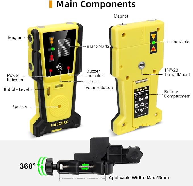 Firecore 360° Self Leveling Cross Line Laser Level with Tripod and Compatible FD30 Laser Detector