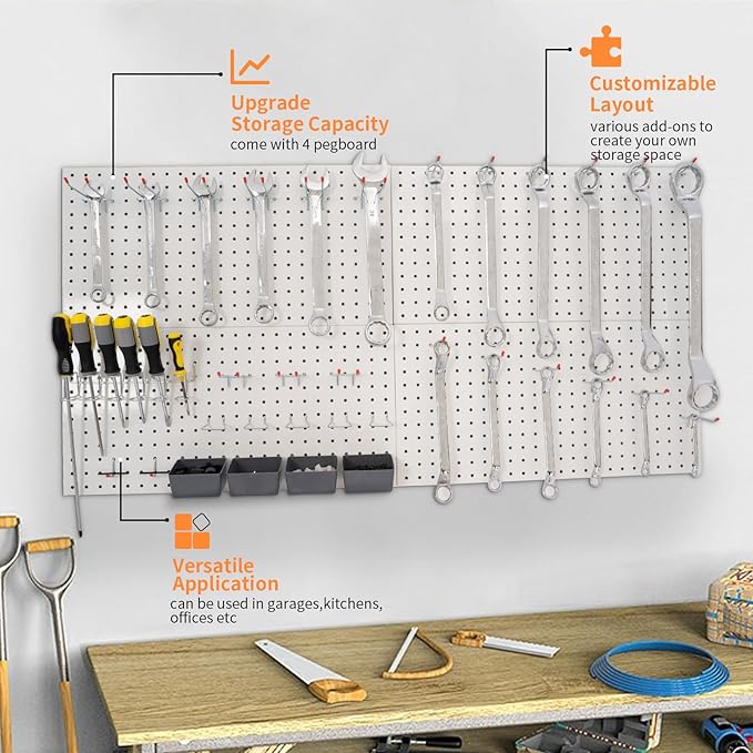 FRAYSCENT Peg Board for Wall 48x24 inch with 63 Pcs Hooks Accessories, Garage Storage Pegboard Wall Organizer, Metal Pegboard Panels with Hooks, Modular Mounted Control Peg Board Tool Organization