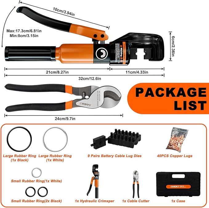 Sanuke Hydraulic Crimping Tool and Cable Cutter, 12 AWG to 2/0 AWG, Electrical Terminal Cable Crimper Tool Kit with 9 Die Sets and 40PCS Copper Wire Lugs