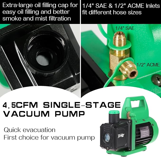 PB Motor Tech Vacuum Pump & Gauge Set, 4.5 CFM Pump w/Aluminum Manifold Gauge, Quick Couplers, Two Can Taps, 410 Adapter, for R134A, R410A, R22, R404A Refrigerants & AC Maintenance (Green)