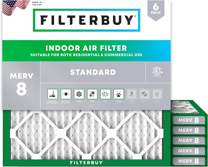 Filterbuy 11.25x11.25x1 Air Filter MERV 8 Essential Dust & Allergy Defense (6-Pack), Electrostatic Pleated HVAC AC Furnace Filters Replacement, Made in USA (Actual Size: 11.25 x 11.25 x 0.75)