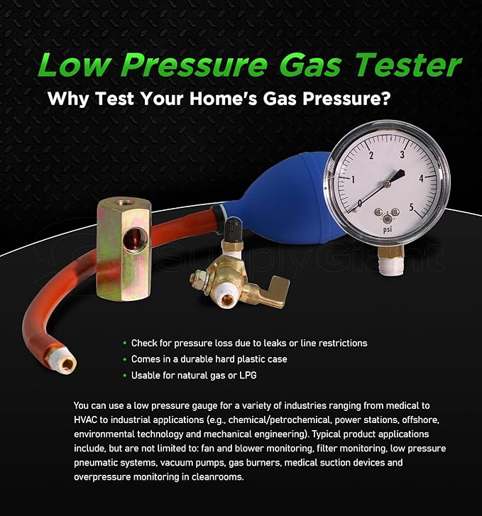 SUPPLYGIANT 74273 0-5 PSI Complete Low Pressure Gas Test Kit w/Bulb, Hose, Hand Pump, Valves & Case