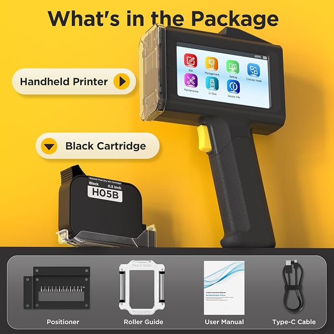 Handheld Inkjet Printer 0.5 Inches Print Height Weighs Only 390g for Batch Code Date Lot Number Print on Plastic Carton Wood Metal Glass Aluminum with 42ml Fast Dry Ink (Black)