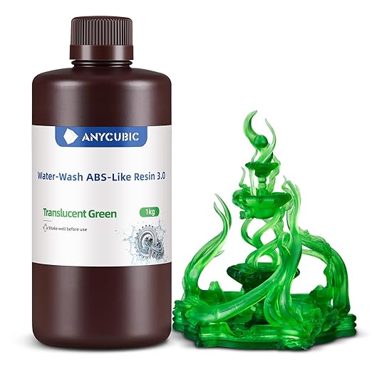 ANYCUBIC Water Washable ABS-Like Resin 3.0, 3D Printer Resin, High Toughness and High Precision, Easy to Post-Process, Low Odor, Wide Compatibility for All LCD 3D Printers (Clear Green, 1kg)