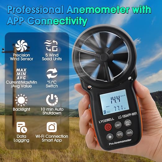 WiFi Anemometer Handheld, Digital Wind Speed Meter with Smart APP, 0.3-40m/s Range, Temperature Measuring, Data Logging, CFM Air Flow Meter for HVAC Outdoor Hunting Sailing Shooting Drone
