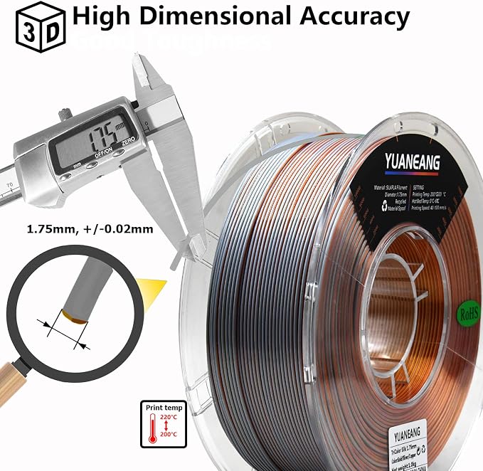 Silk Tricolor PLA Filament 1.75mm, ±0.03mm Precision, 1kg Spool (2.2 lbs), Smooth Multi-Tone Gradient PLA, Silk Gold Silver Bronzer