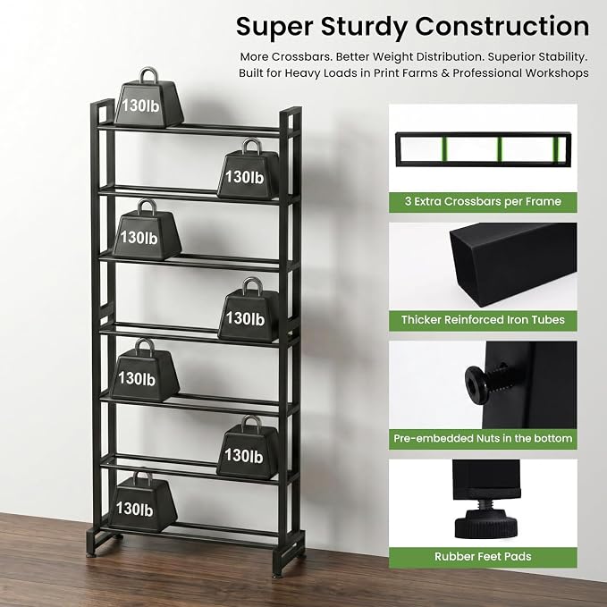 3D Printer Filament Rack, 7-Tier Heavy Duty Filament Storage Shelf, Reinforced Steel Organizer for PLA PETG ABS TPU Spools, Adjustable for 200g5kg Filaments, Ideal for Print Farm, Maker Space, Lab