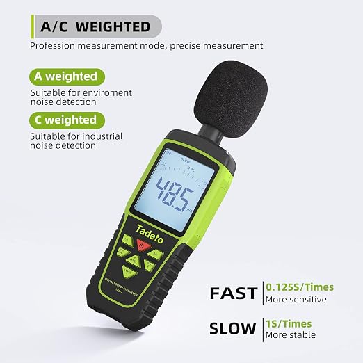 Decibel Meter, Tadeto Digital Sound Level Meter Portable SPL Meter 30dB to 130dB(5 Measurement Range) Backlight LCD Display, MAX/MIN Noise Measurement, Audible and Visual Alarms,Data Hold, A/C Mode