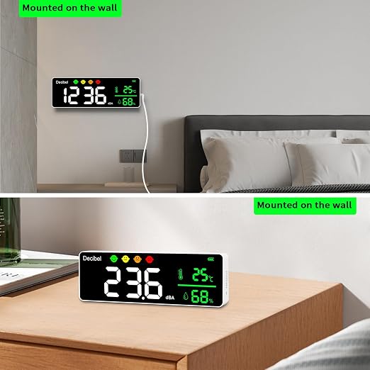 Decibel Meter Wall Hanging Sound Level Meter, 11in Large LED Display +Time + Humidity + Temperature; 4 in 1 Decibel Meter 30-130dB Rang DB Meter & SPL Meter Wide Applications for Home