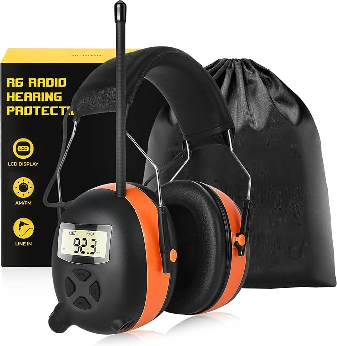 BJKing AM/FM Radio Headphones with Digital Display EP003, 30dB AM FM Hearing Protection Safety Ear Muffs, Ear Protection Headphone for Mowing, Landscaping, Shooting and Construction Black-Orange
